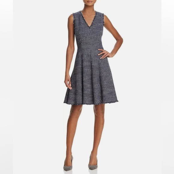*LIKE NEW* REBECCA TAYLOR Fray-Trimmed Raw Hem Navy Tweed Dress - Picture 3 of 12